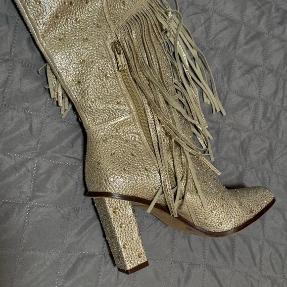 Jessica Simpson Asire2 Champagne Fringed Western Heeled Rhinestone Boots Size 7 - Picture 5 of 11